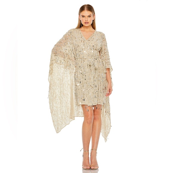 Mac Duggal 94044 Cape Sleeves Faux Wrap Dress NUDE SIZE MEDIUM - Picture 1 of 3